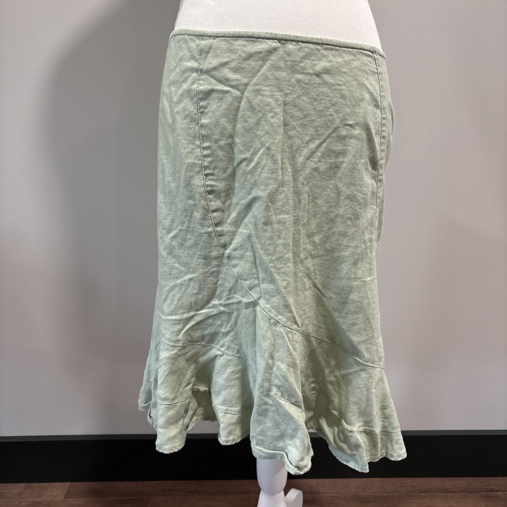 VTG‎ Y2K 100%Linen Ruffle Midi Skirt Sz Large Green Boho CottageCore Fairy